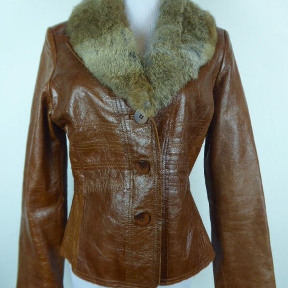 ARDEN B LEATHER brown blazer JACKET removable rabbit fur collar M fitted - Picture 1 of 12